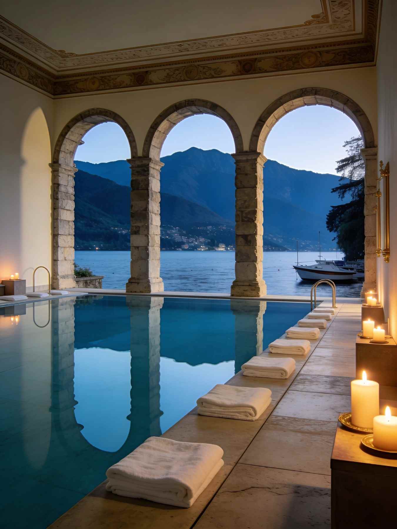 A long indoor pool inside a stone boathouse with arched openings onto the lake, folded white towels and candles.
