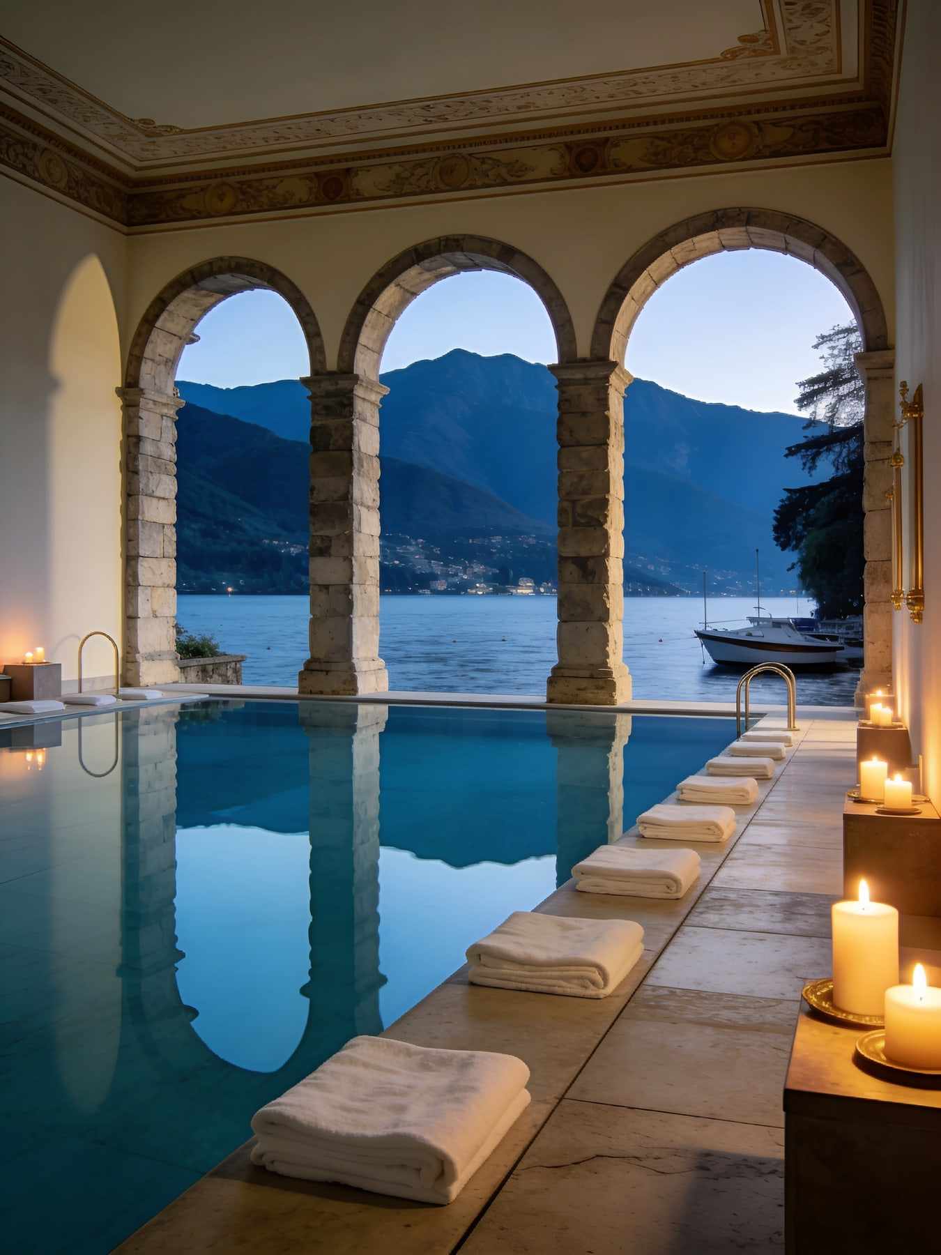 A long indoor pool inside a stone boathouse with arched openings onto the lake, folded white towels and candles.