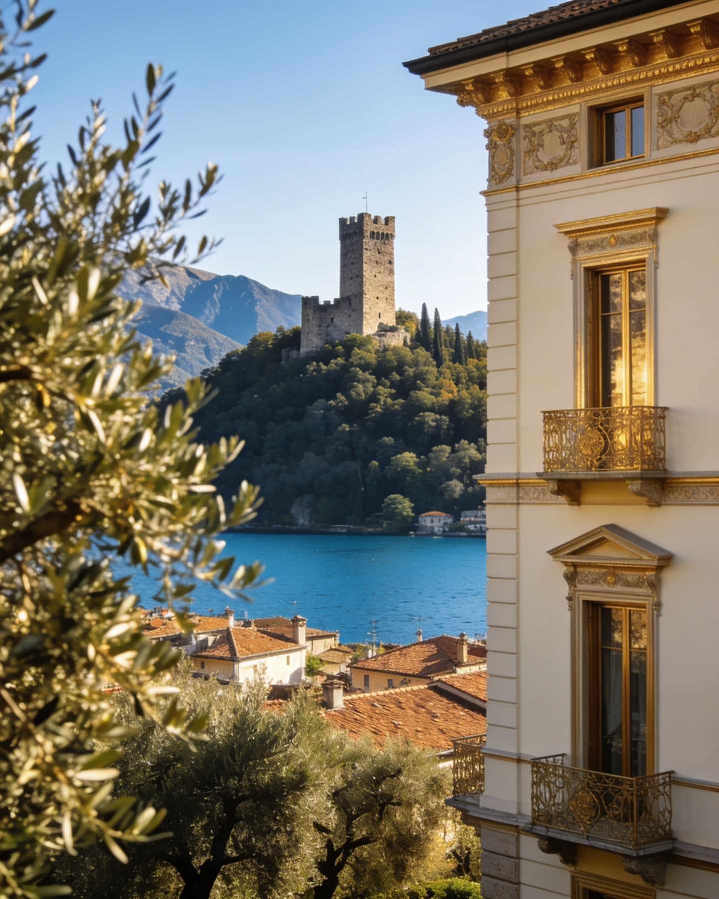 A medieval stone tower on a wooded hill above the lake, olive trees in front and terracotta roofs below.