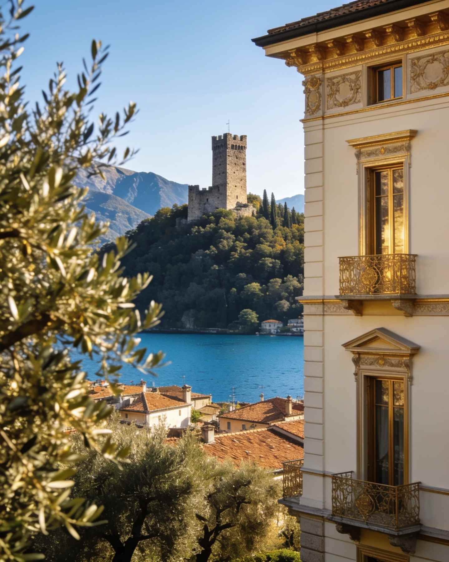 A medieval stone tower on a wooded hill above the lake, olive trees in front and terracotta roofs below.
