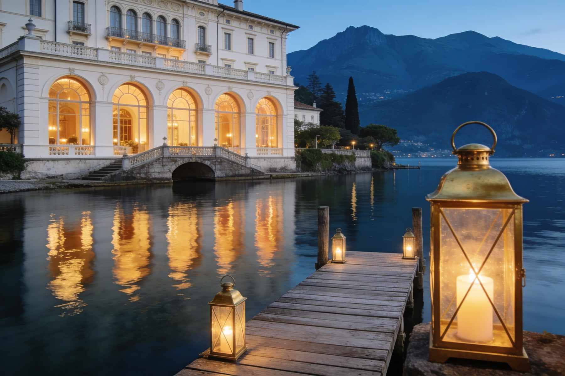 The ivory villa at blue hour, its arched windows lit and reflected in the still lake, lanterns on the jetty.