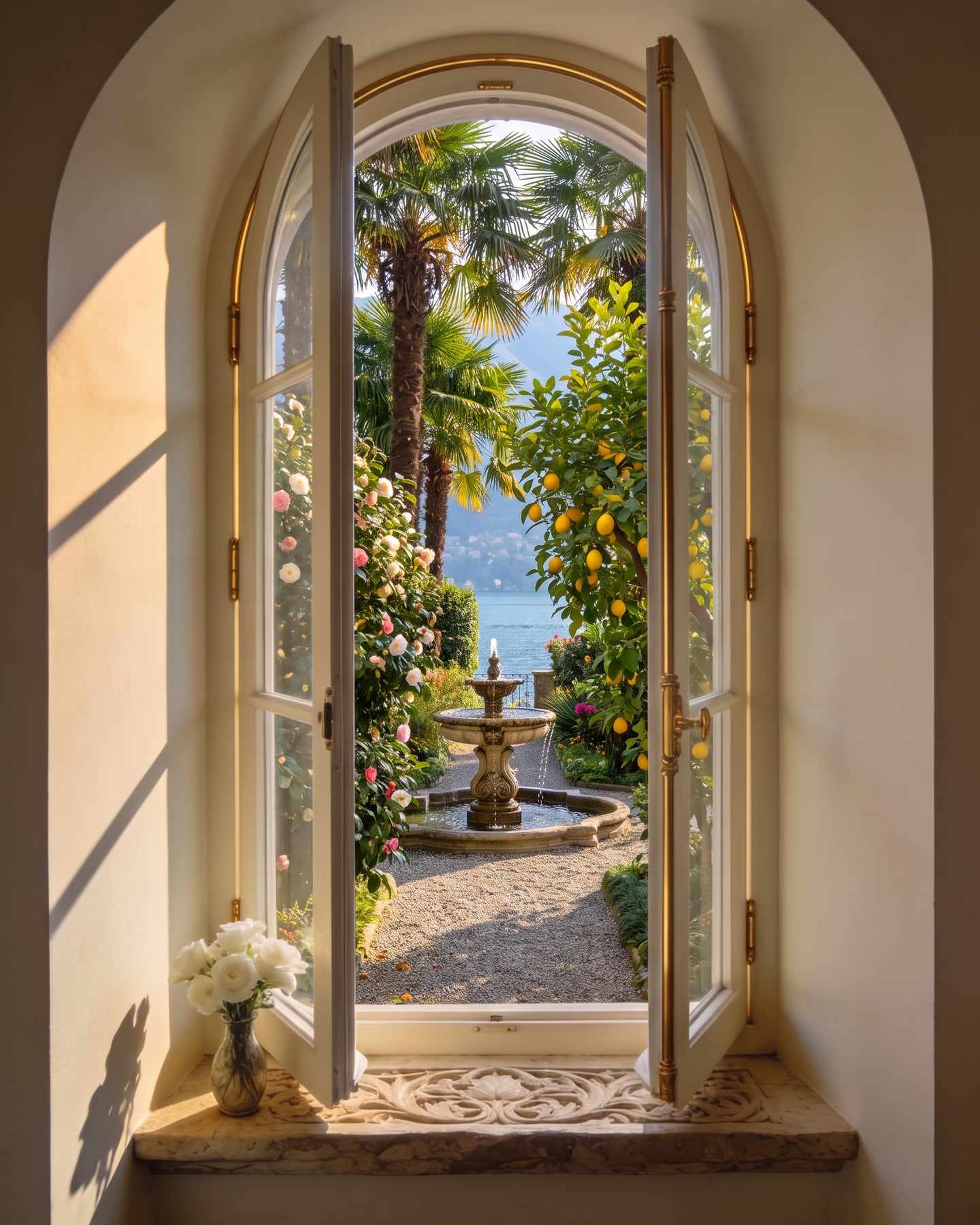 Through the same window: a garden of palms, camellias and lemon trees around a fountain.