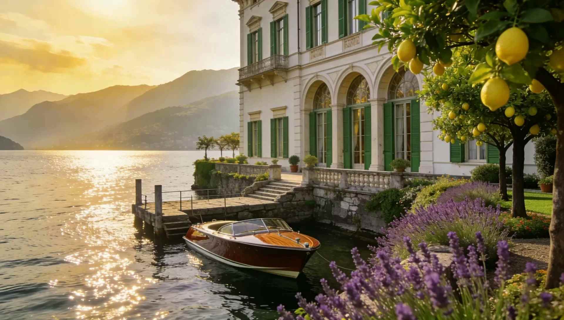 An ivory Belle Époque villa with green shutters on the lake at golden hour, a varnished wooden boat at the jetty, lemon trees and lavender in the garden.