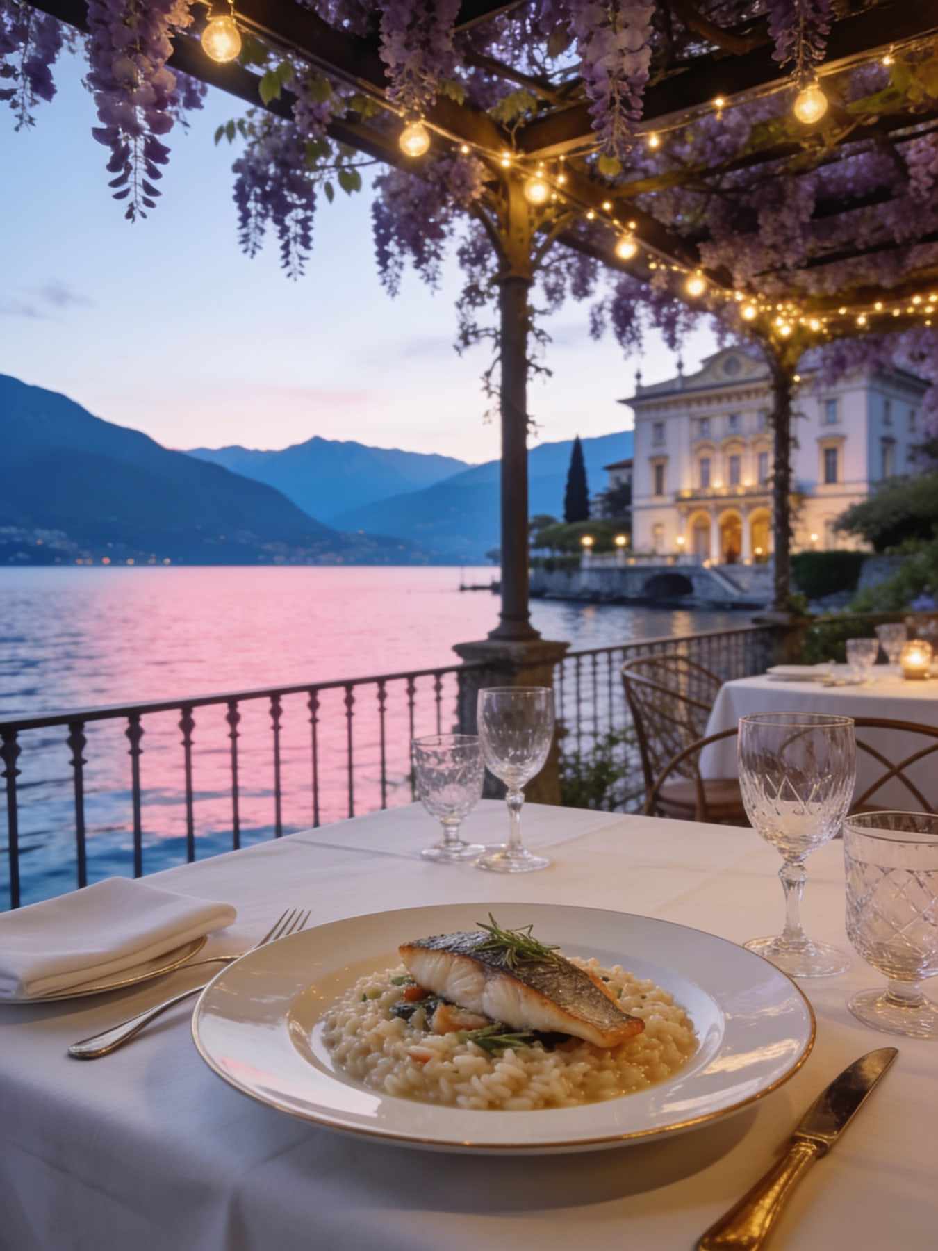 A table set with white linen and crystal glasses under a wisteria pergola on a lakeside terrace at dusk.