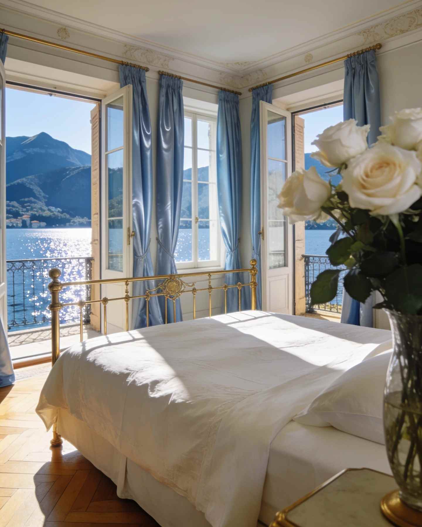 A bedroom with tall French windows open onto a balcony over the glittering lake, an ivory bed with a brass headboard and pale blue silk curtains.