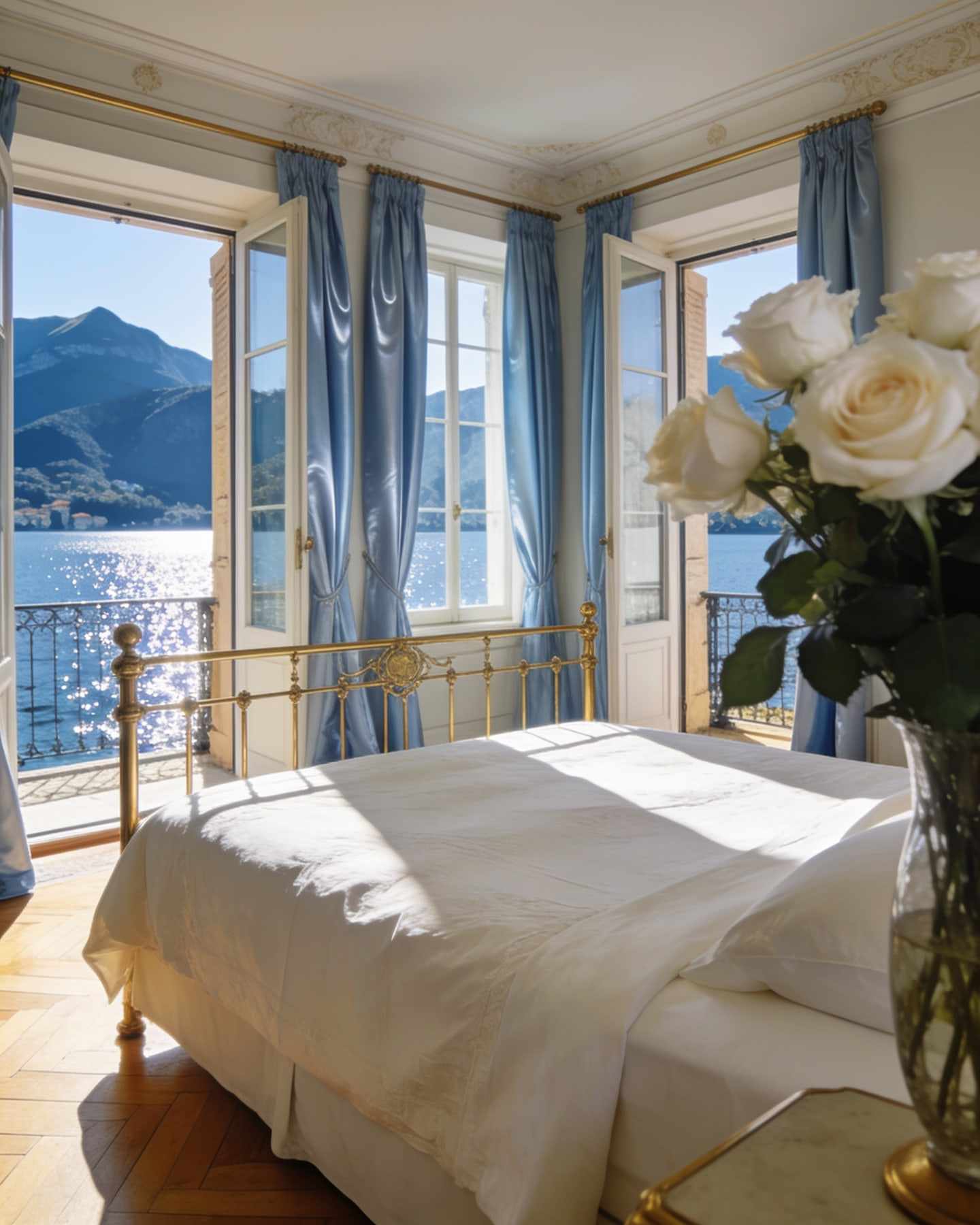 A bedroom with tall French windows open onto a balcony over the glittering lake, an ivory bed with a brass headboard and pale blue silk curtains.