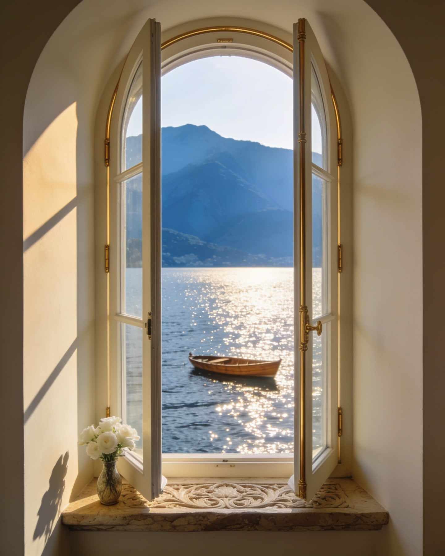 Through an open arched window: the glittering lake, a wooden boat and blue mountains.