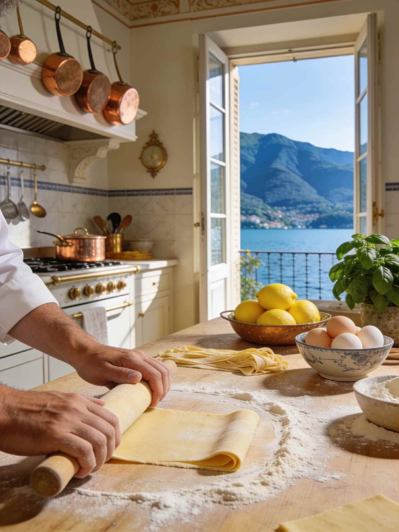 Hands rolling fresh pasta on a floured wooden table in a sunny kitchen with copper pans, lemons and eggs.