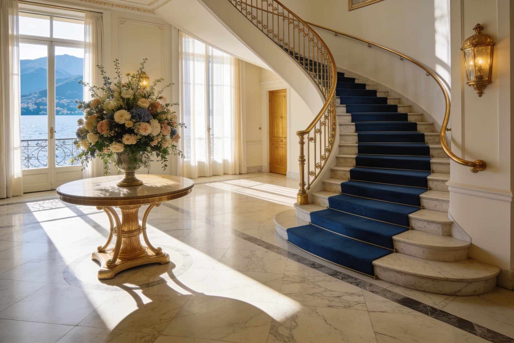 The villa’s reception hall: a marble floor, a curved staircase with a brass handrail and flowers on a round table.
