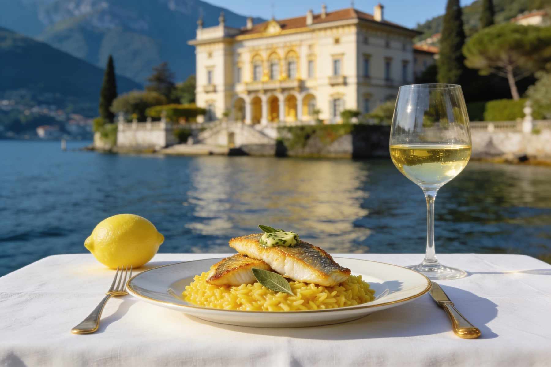 A plate of saffron risotto topped with golden perch fillets and sage butter on white linen by the lake.