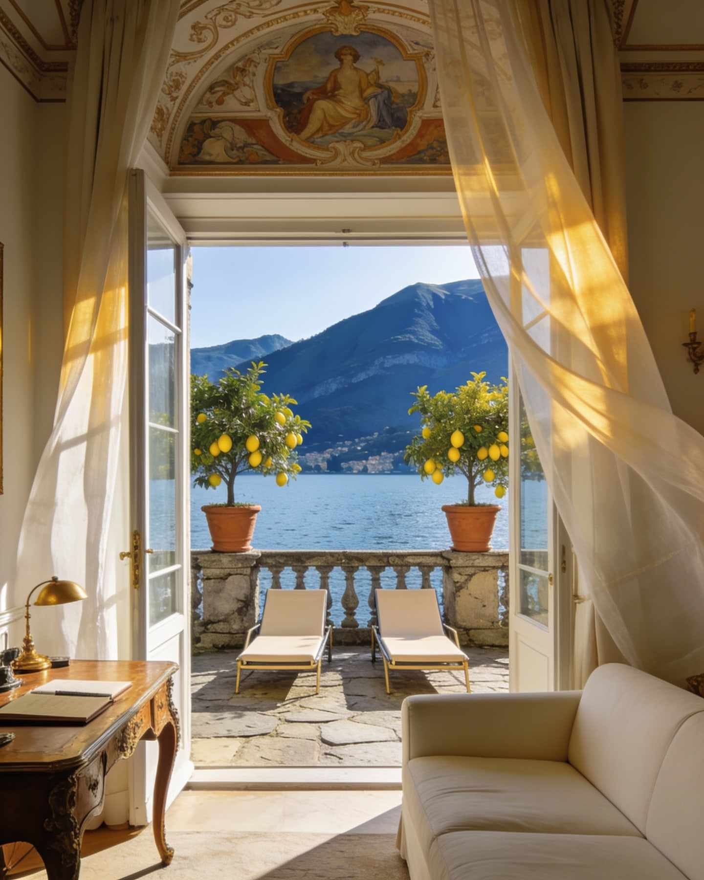 A suite opening onto a private stone terrace with lemon trees in terracotta pots and two loungers above the lake.