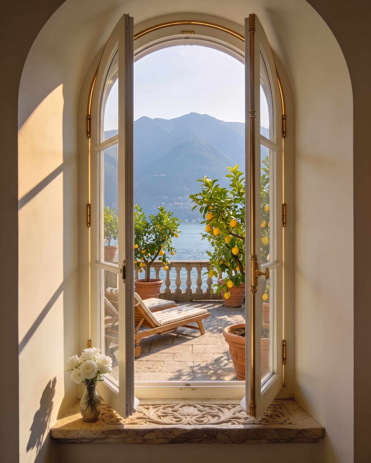 Through the same window: a sunny stone terrace with lemon trees, a lounger and the lake beyond the balustrade.