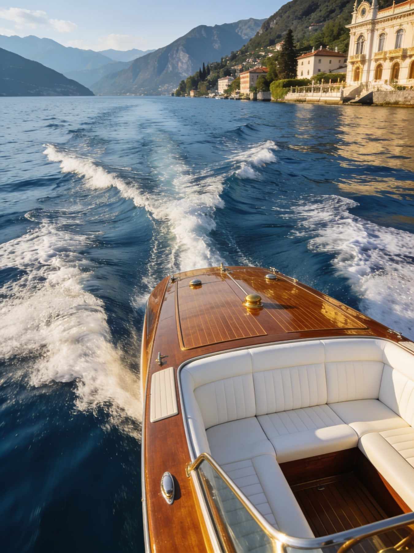 A varnished mahogany runabout with white leather seats cruising on deep blue water, its wake fanning out.