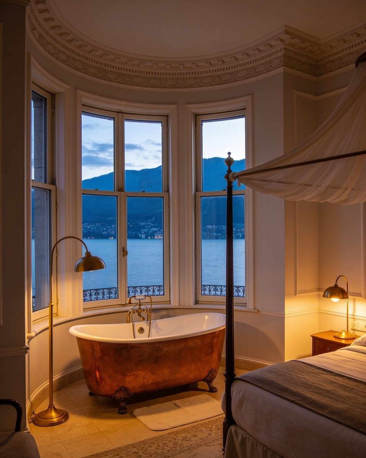 A round tower room with three tall windows over the lake, a copper bathtub by a window and a canopy bed in warm evening light.