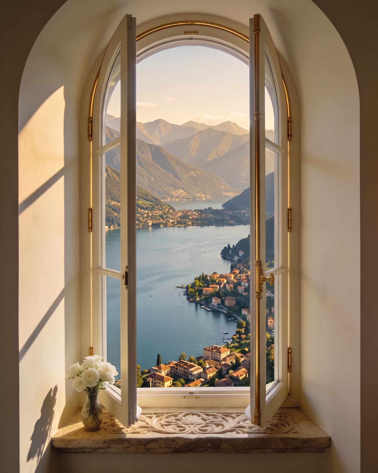 Through the same window, high in the tower: the whole lake, terracotta roofs and layered mountains.