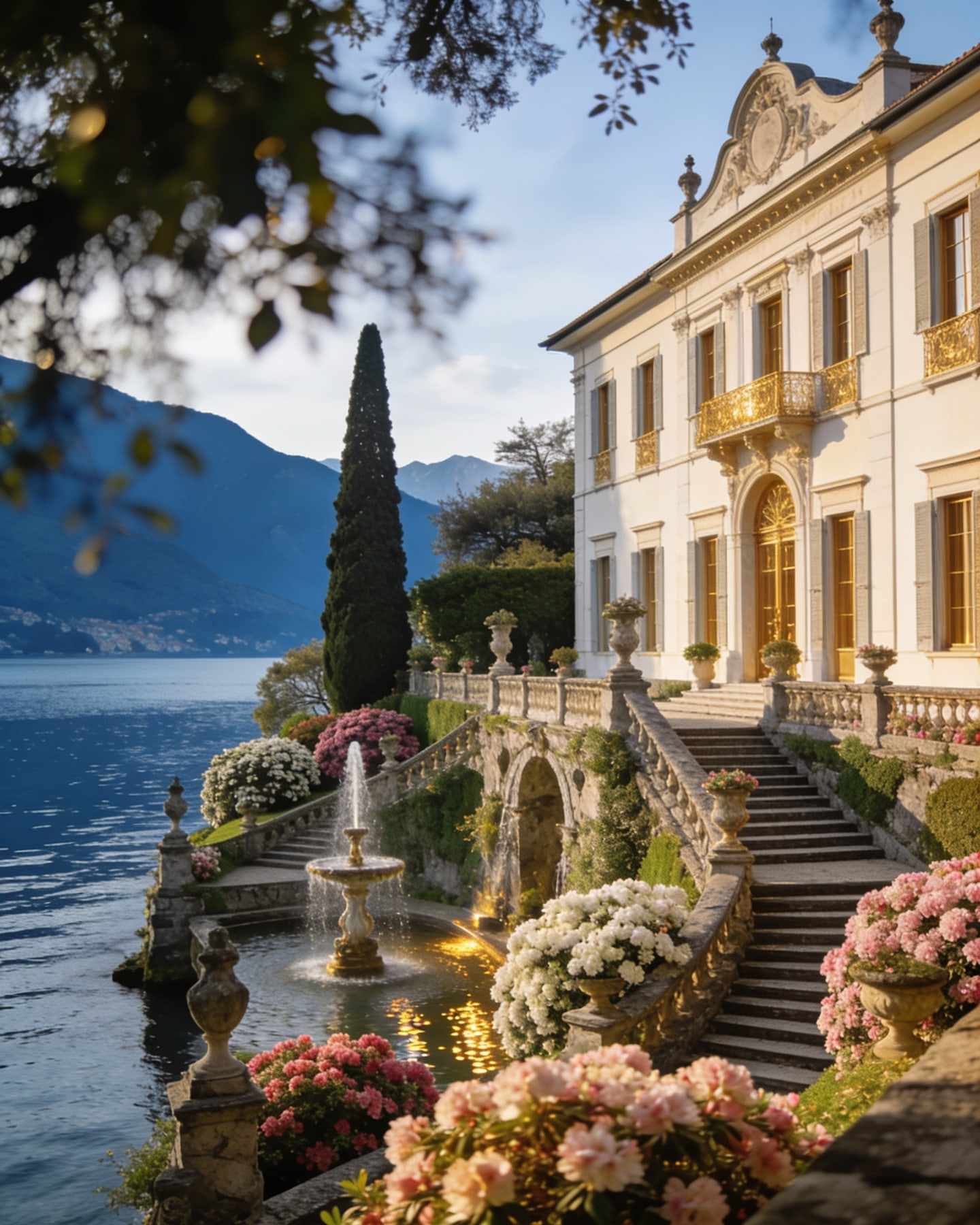 A grand villa with terraced gardens of blooming azaleas, staircases and fountains descending to the lake.