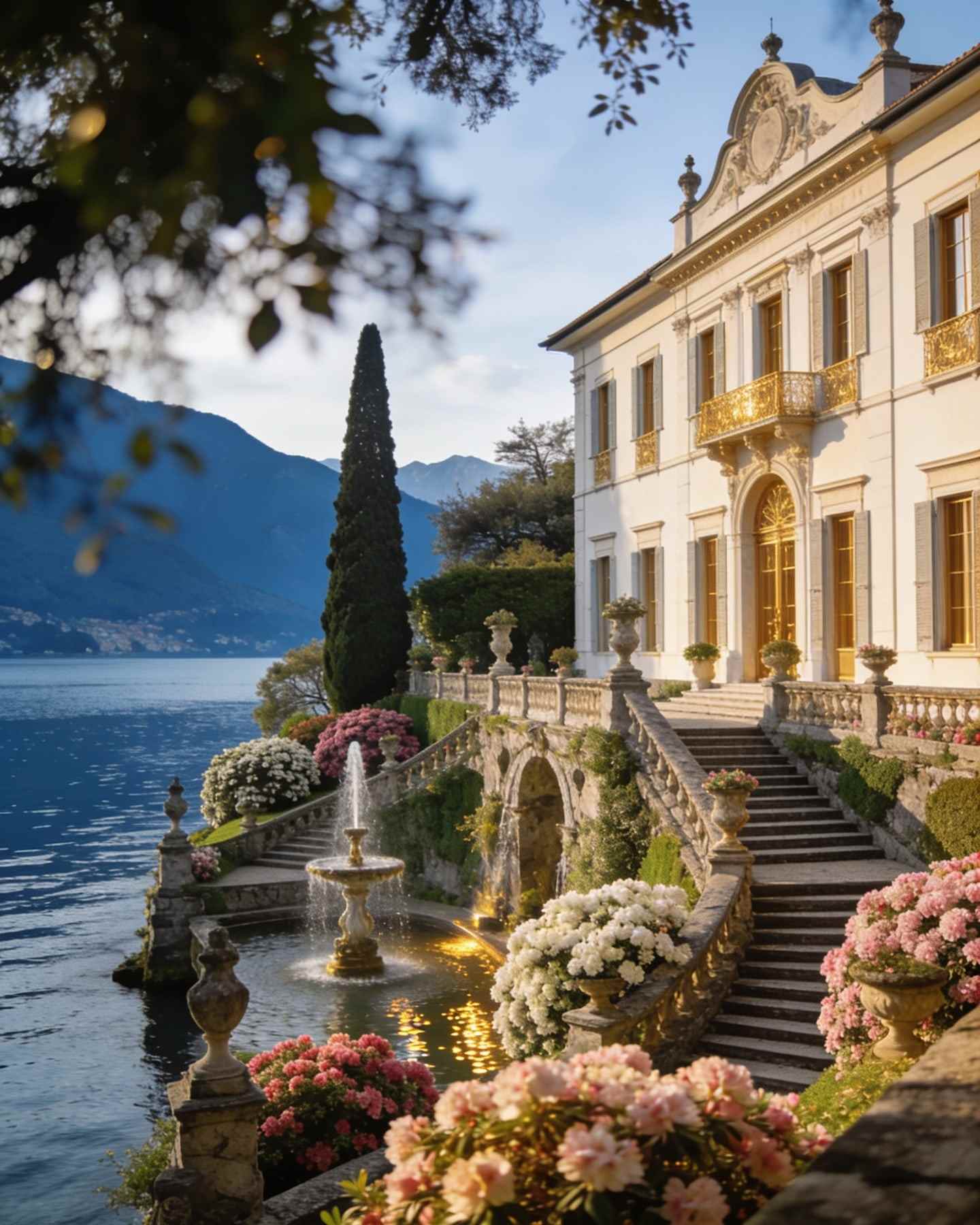 A grand villa with terraced gardens of blooming azaleas, staircases and fountains descending to the lake.