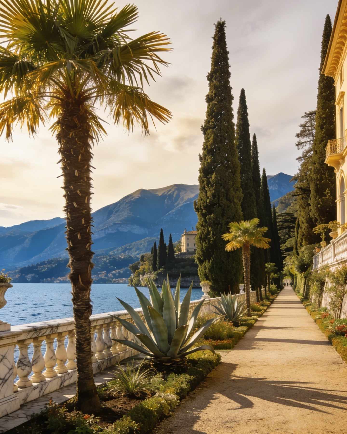 A long cypress avenue with palms and agaves beside a marble balustrade along the lake.