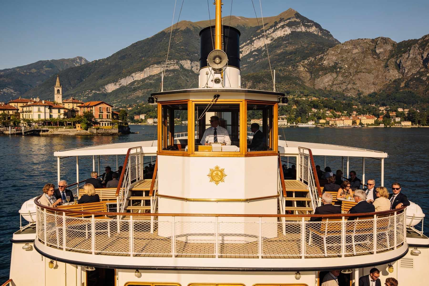 A passenger ferry on the lake with travellers on deck, villages and mountains around.